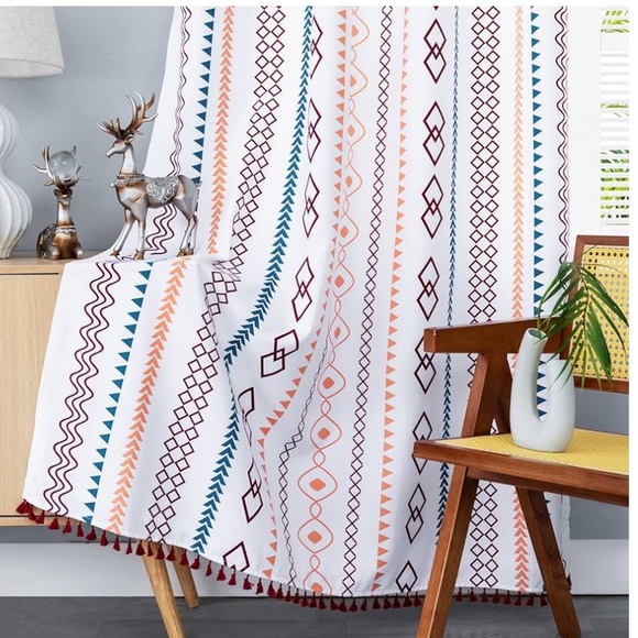 Refrze Boho Window Curtains Semi-Blackout Geometric With Tassels 2 Panels - Picture 2 of 7
